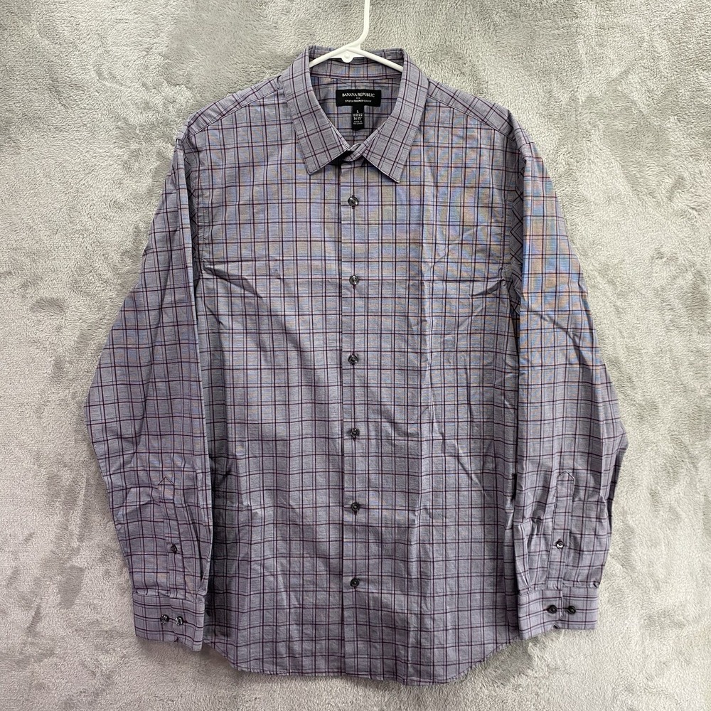 Banana Republic Men's Dress Shirt Slim Fit Purple Plaid Size L 16-16.5 34/35